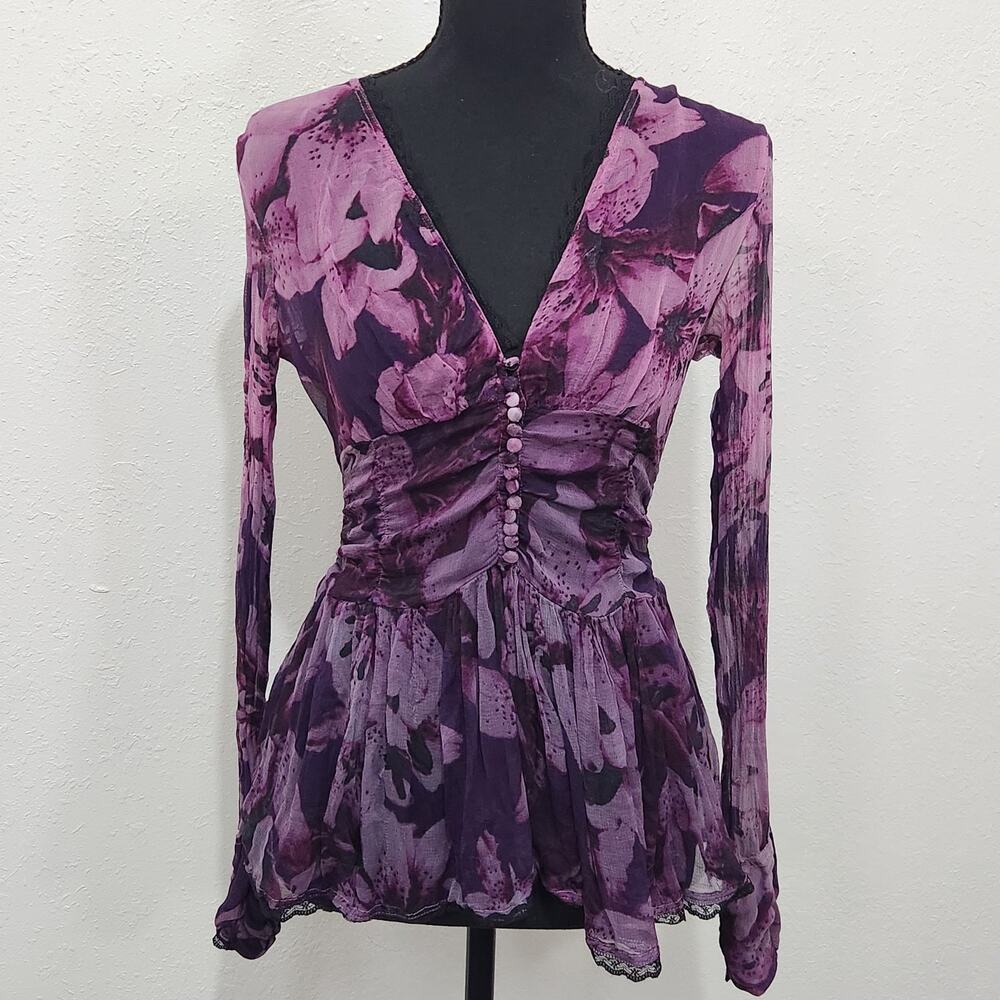 Vintage Y2K Silk Babydoll Top Womens Small Whimsigoth Fairy Corset Ruched Sheer
